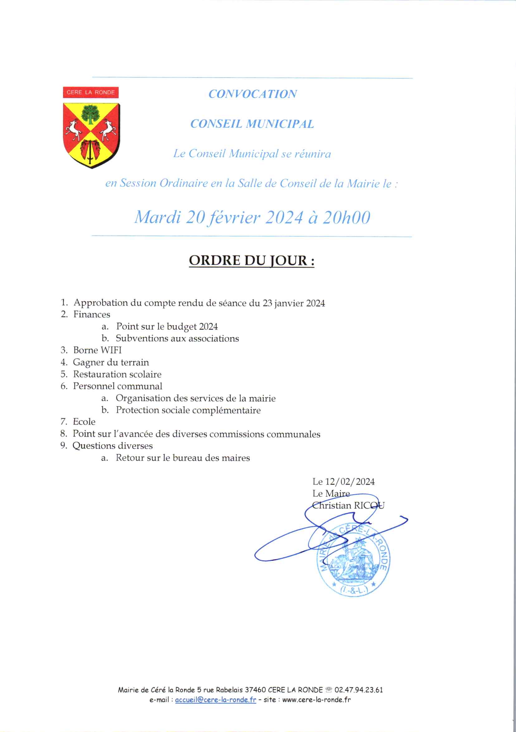 Conseil municipal du 20 février 2024 à Céré la ronde