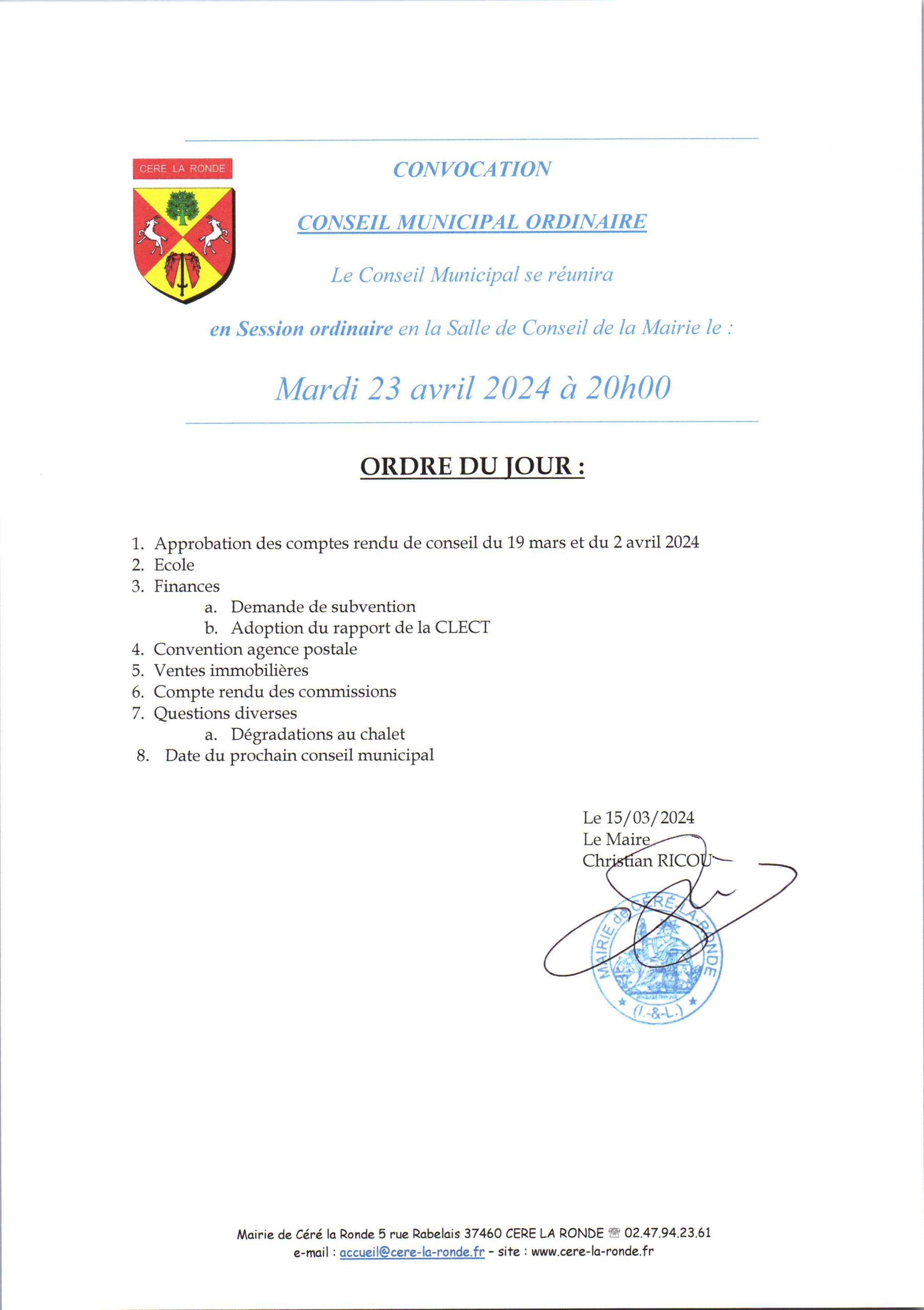 Conseil municipal de Céré la Ronde du 23 avril 2024